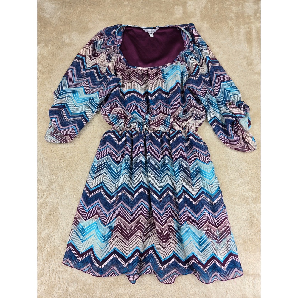 Speechless Chevron Print‎ Square Neck Midi Dress Women's Medium Purple Blue